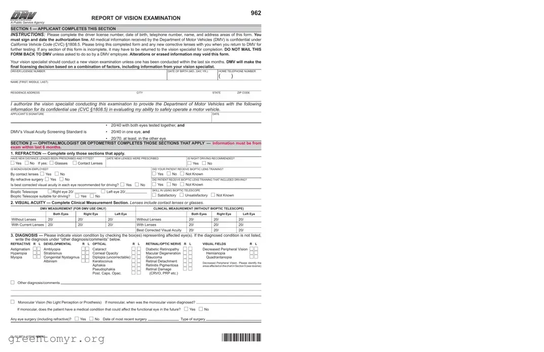 Fill in a Valid Dmv Vision Template