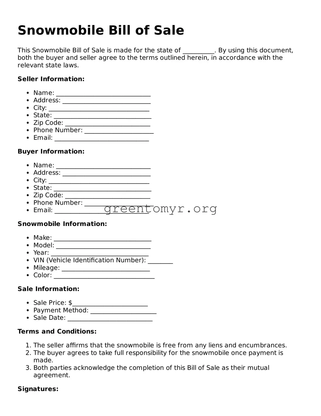 Valid Snowmobile Bill of Sale Form