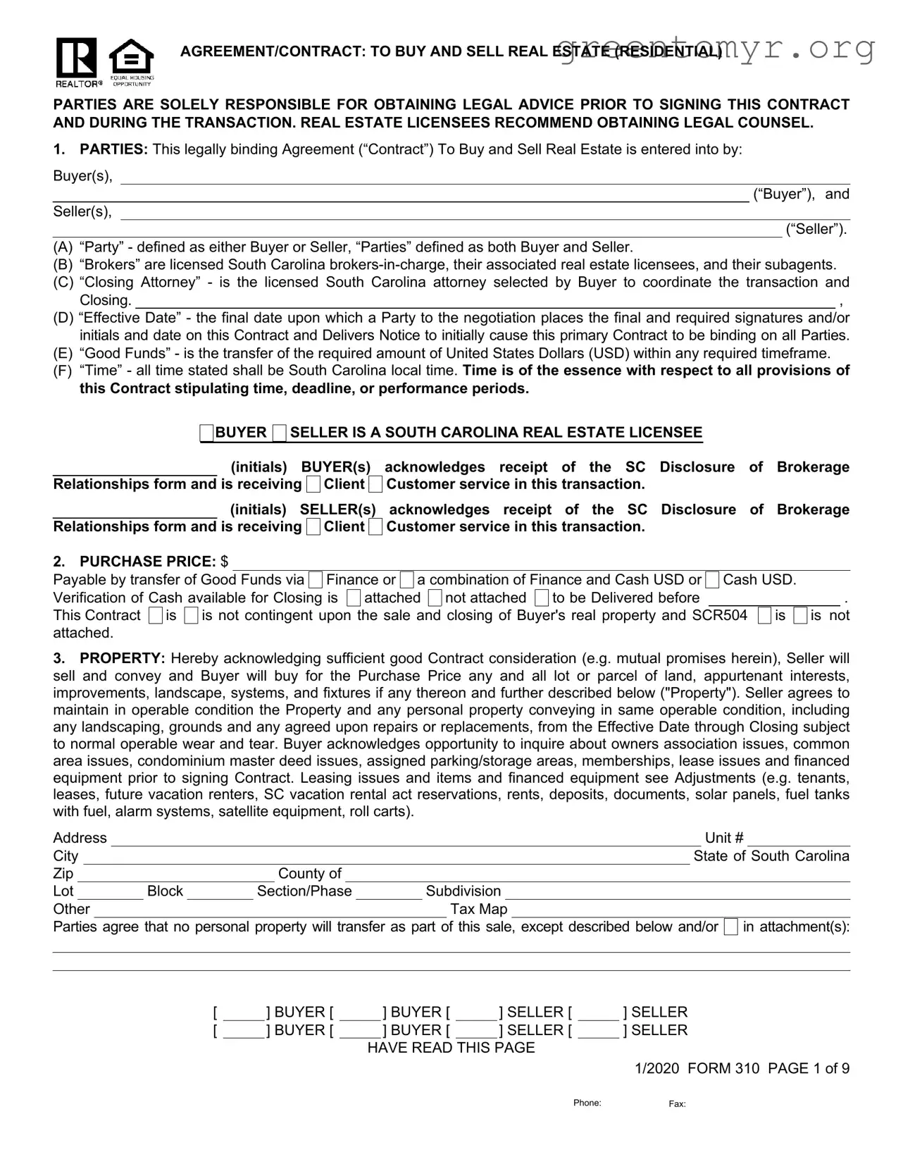 Fill in a Valid South Carolina Real Estate Contract 310 Template