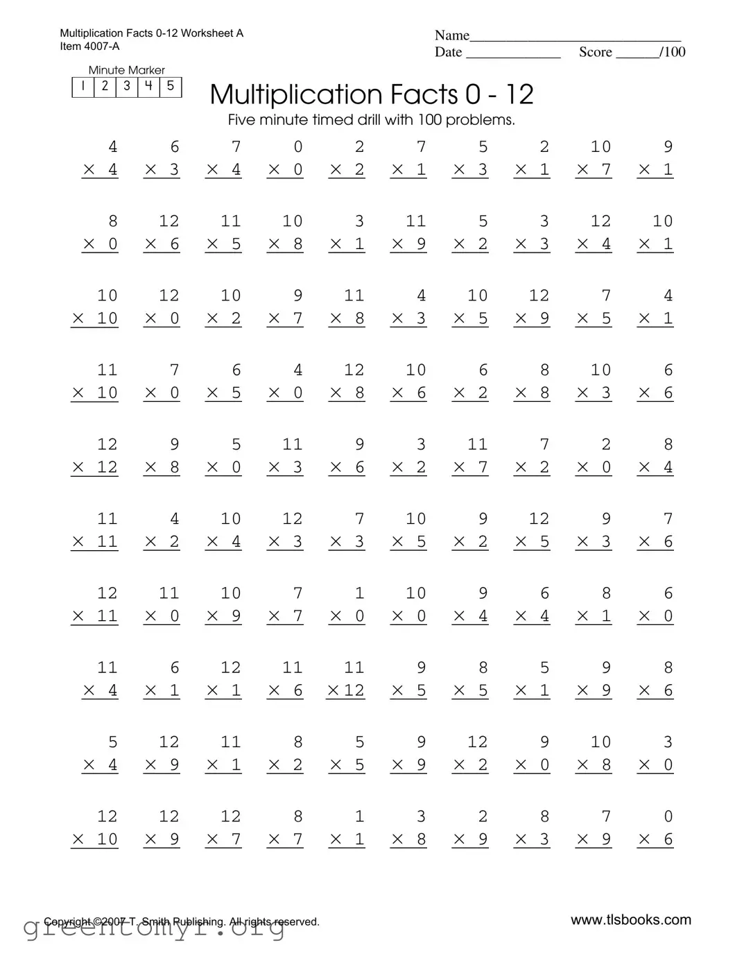Fill in a Valid Multiplication Timed Test 0 12 Template