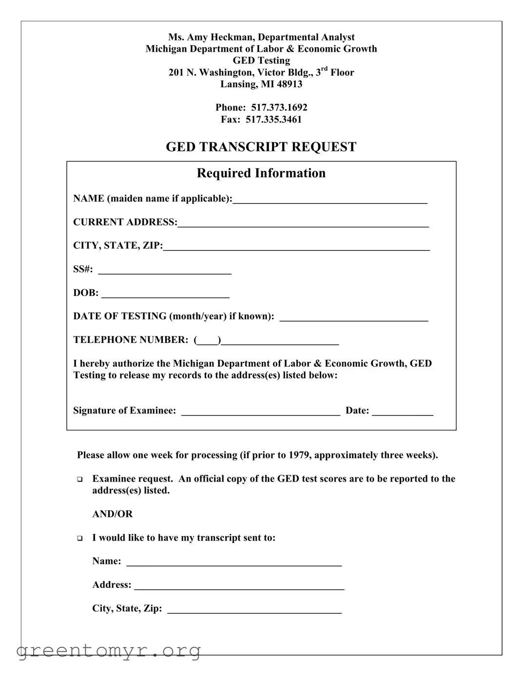 Fill in a Valid Michigan Ged Transcript Request Template