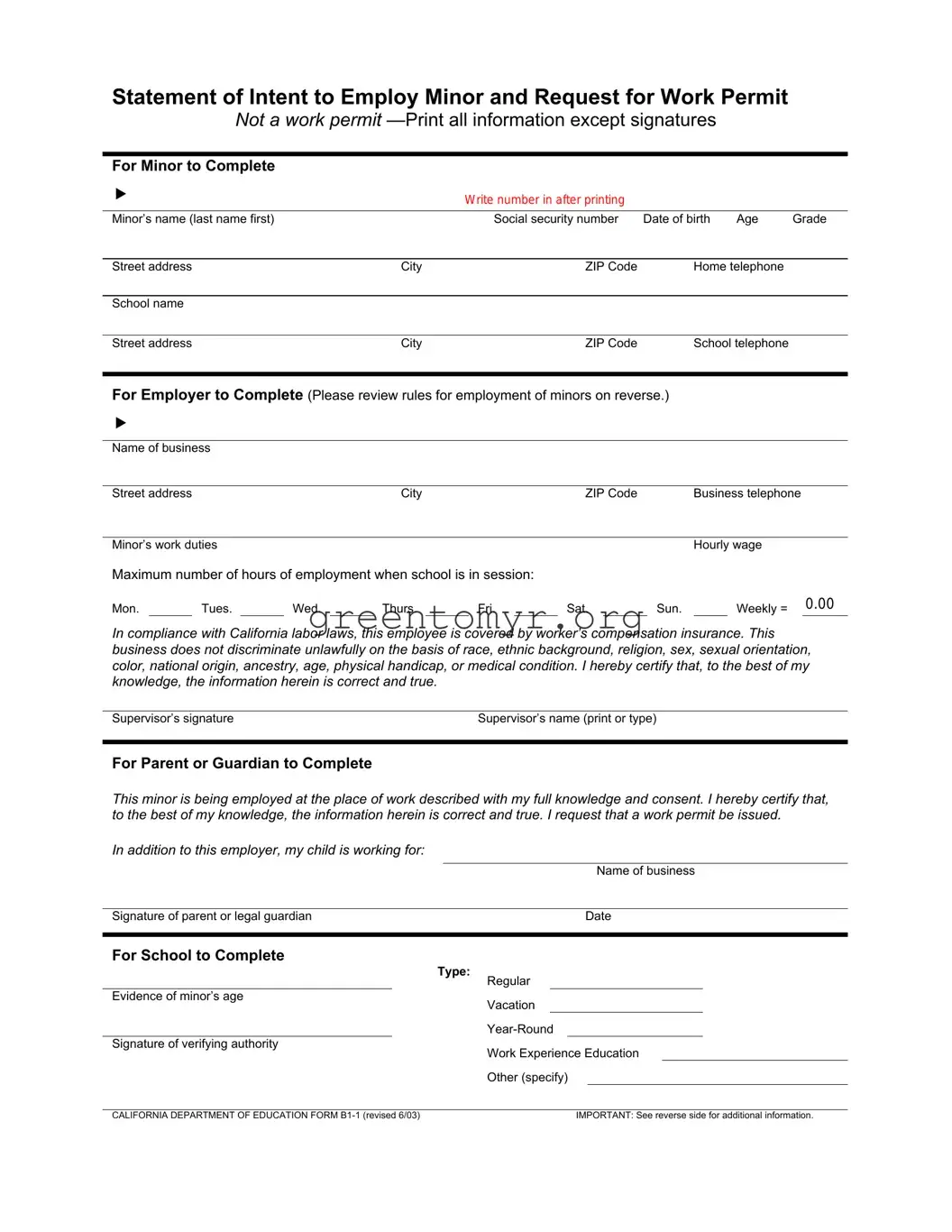 Fill in a Valid Statement of Intent to Employ Minor and Request for Work Permit Template