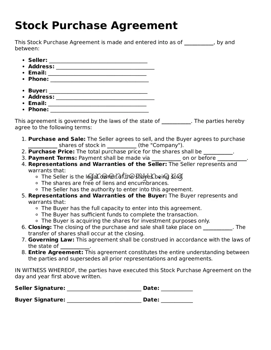 Valid Stock Purchase Agreement  Form