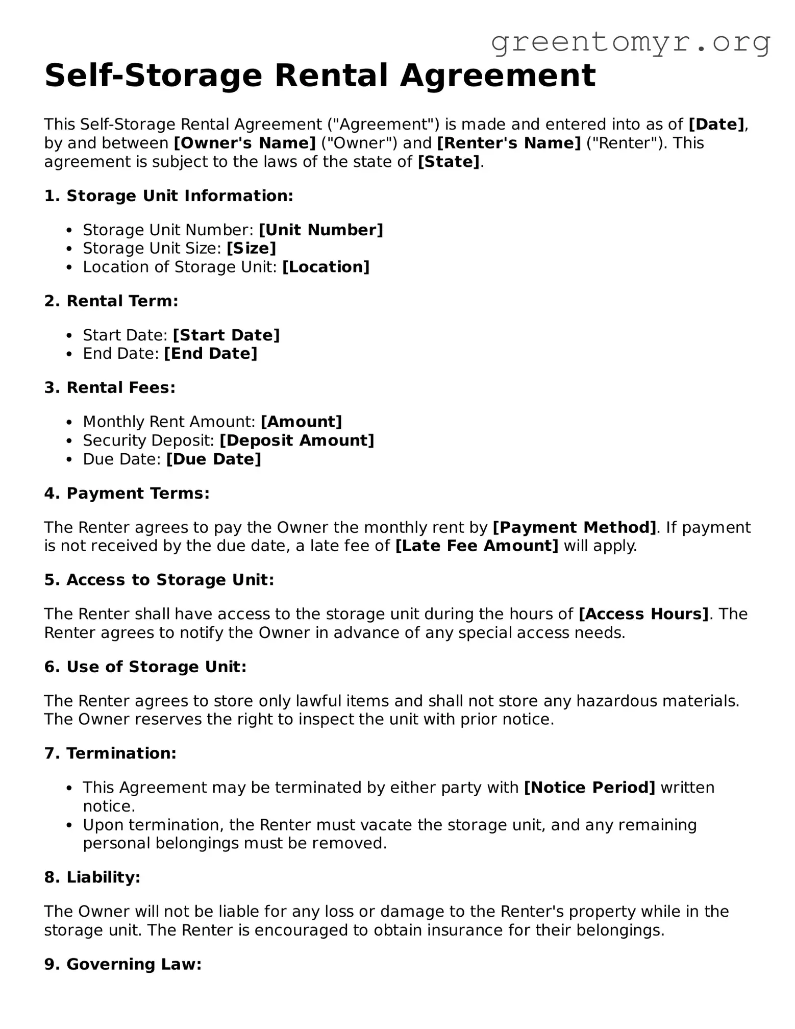 Valid Self-Storage Rental Agreement Form
