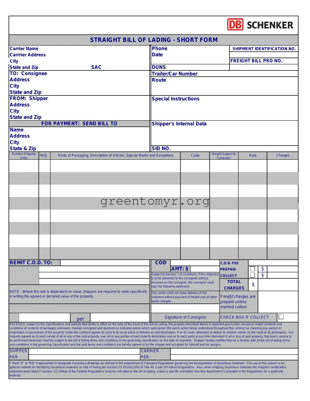 Fill in a Valid Straight Bill Of Lading Template