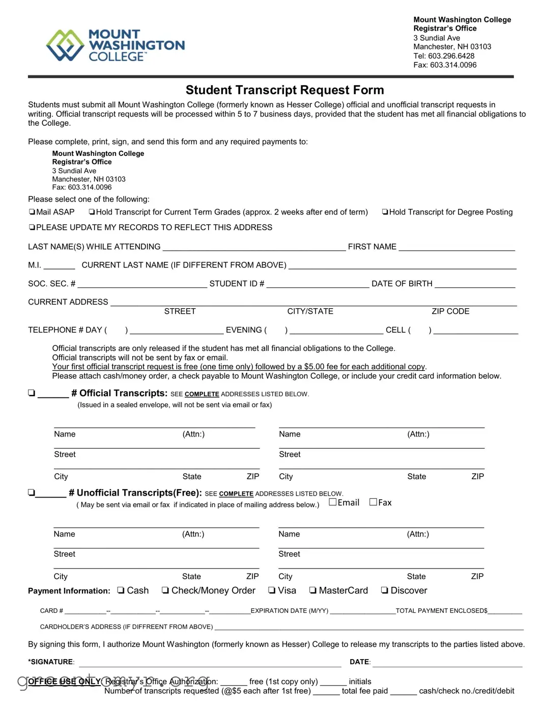 Fill in a Valid Mount Washington College Transcript Template