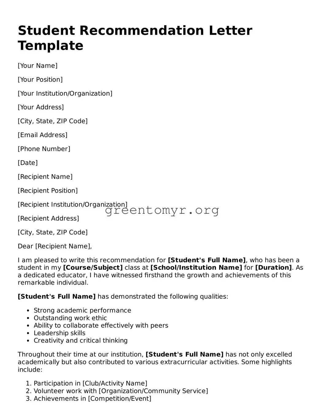 Valid Student Recommendation Letter Form