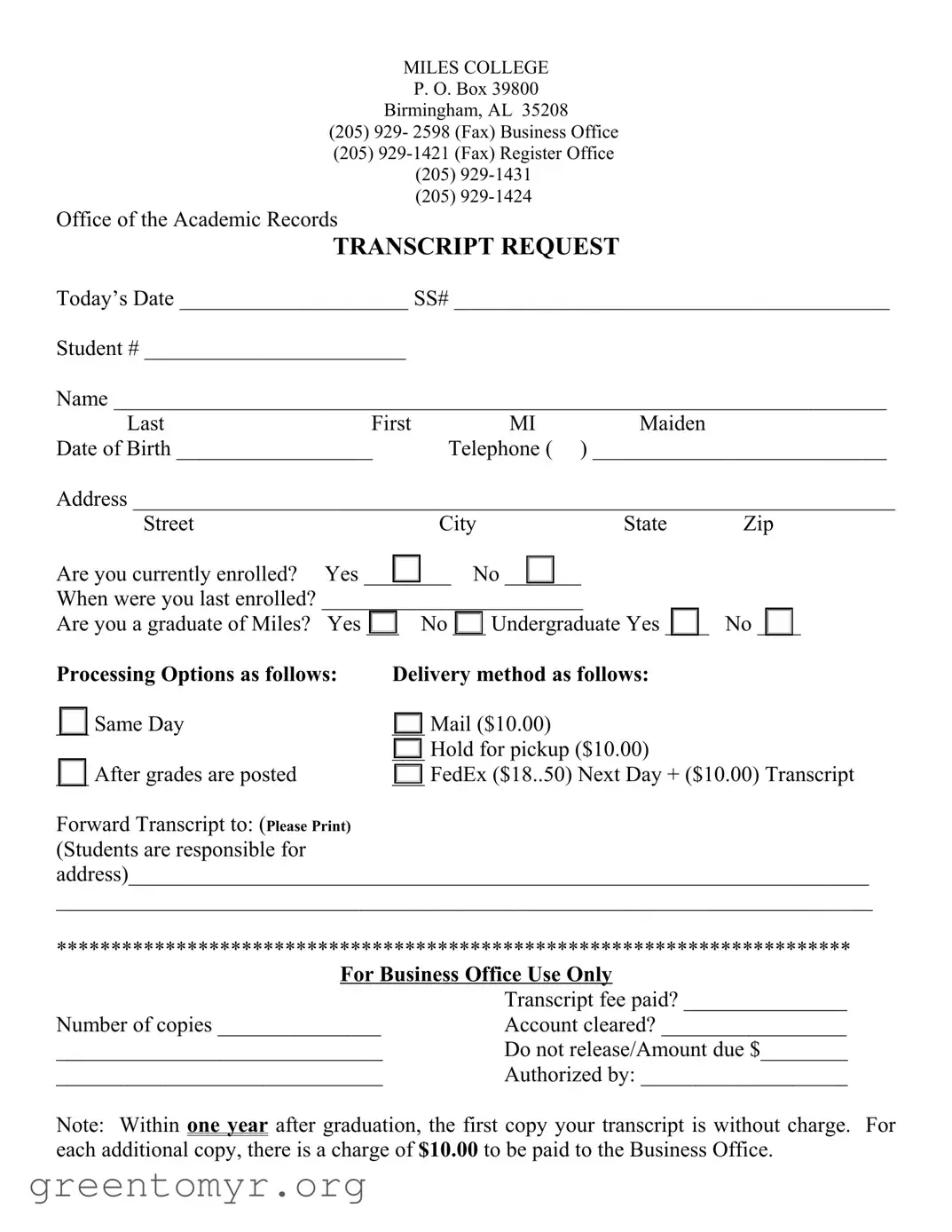 Fill in a Valid Miles College Transcript Request Template