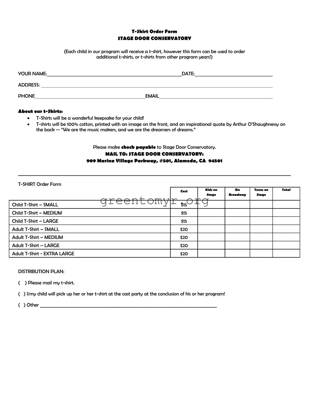 Fill in a Valid T Shirt Order Template