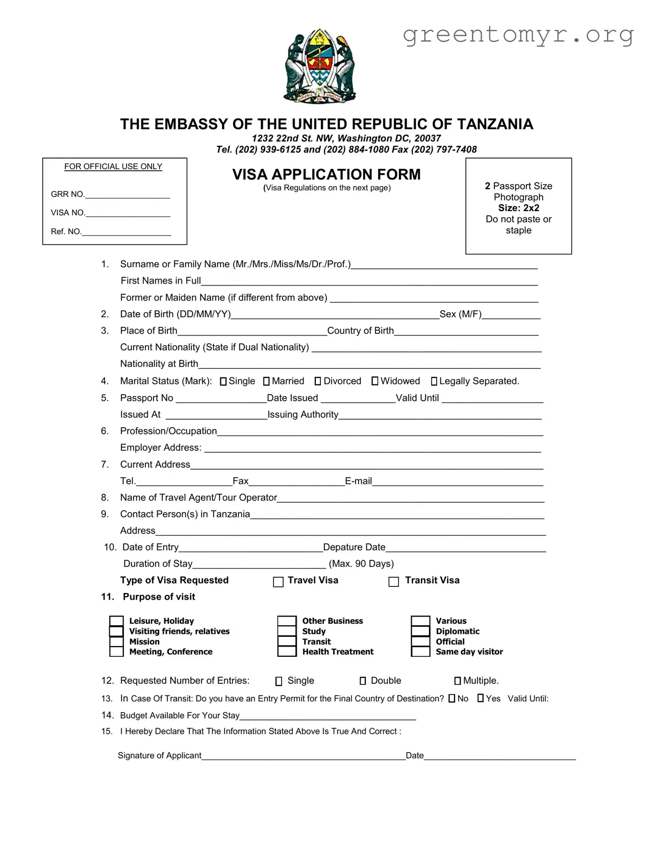 Fill in a Valid Tanzania Visa Applicaiton Template