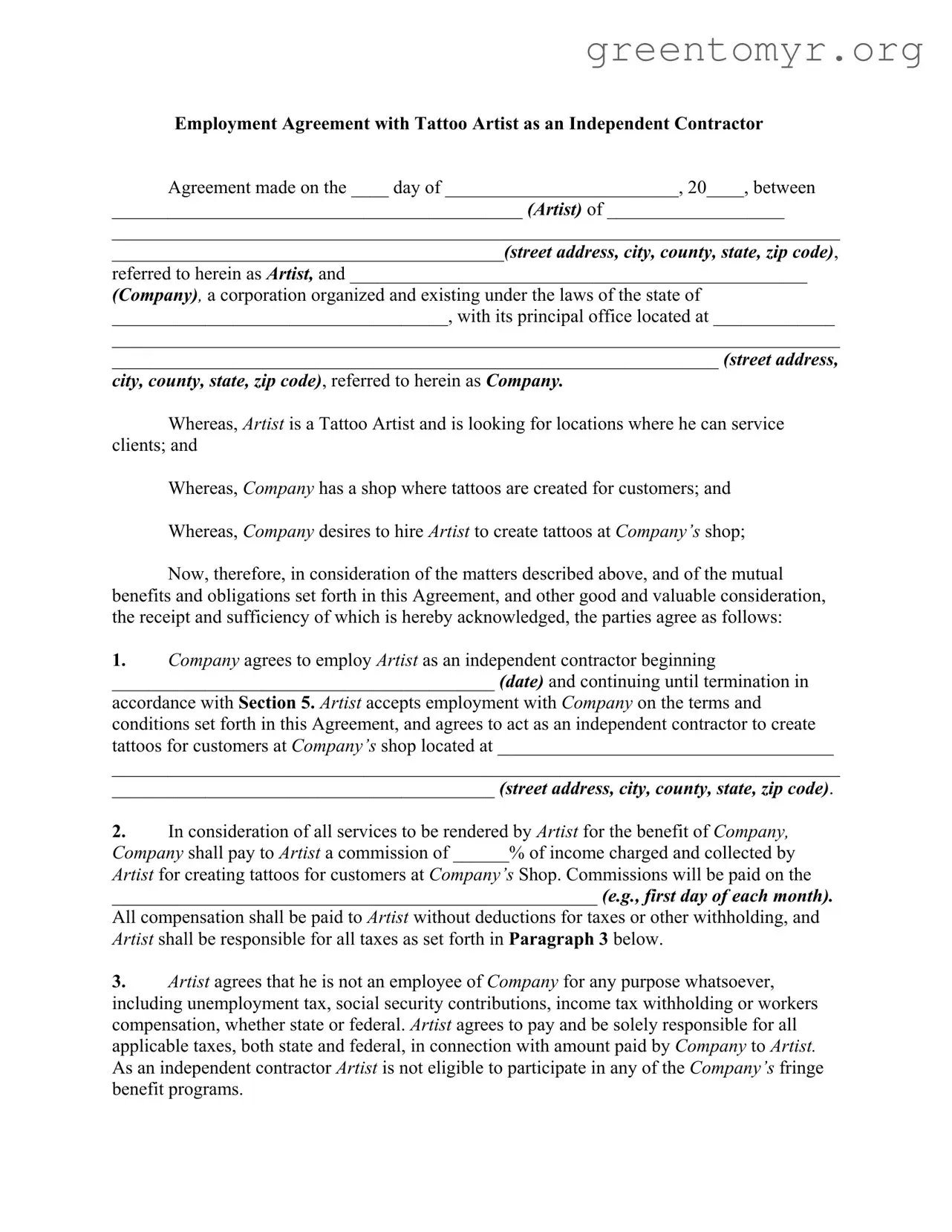 Fill in a Valid Tattoo Shop Artist Agreement Template