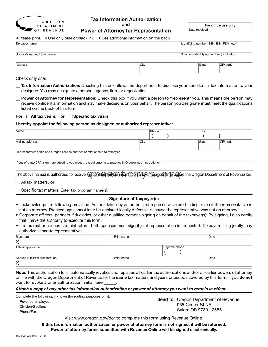 Fill in a Valid Tax POA 150-800-005 Template