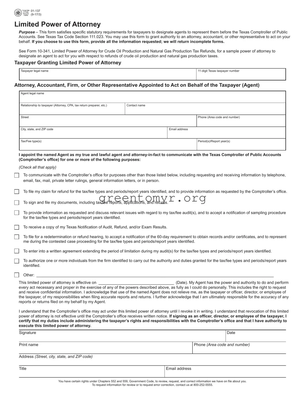 Fill in a Valid Tax POA form 01-137 Template