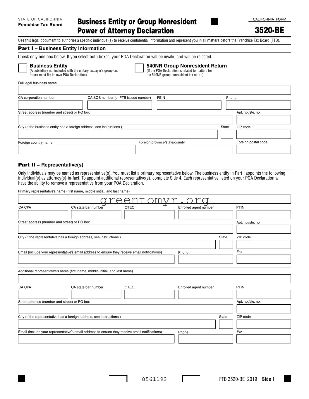 Fill in a Valid Tax POA form 3520-BE Template