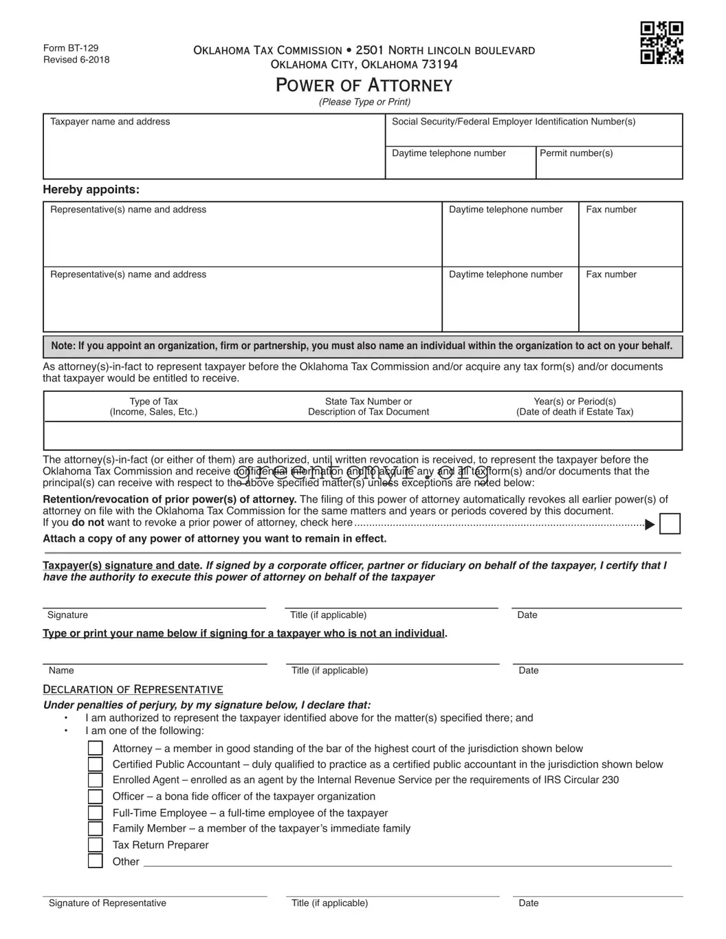 Fill in a Valid Tax POA form bt-129 Template