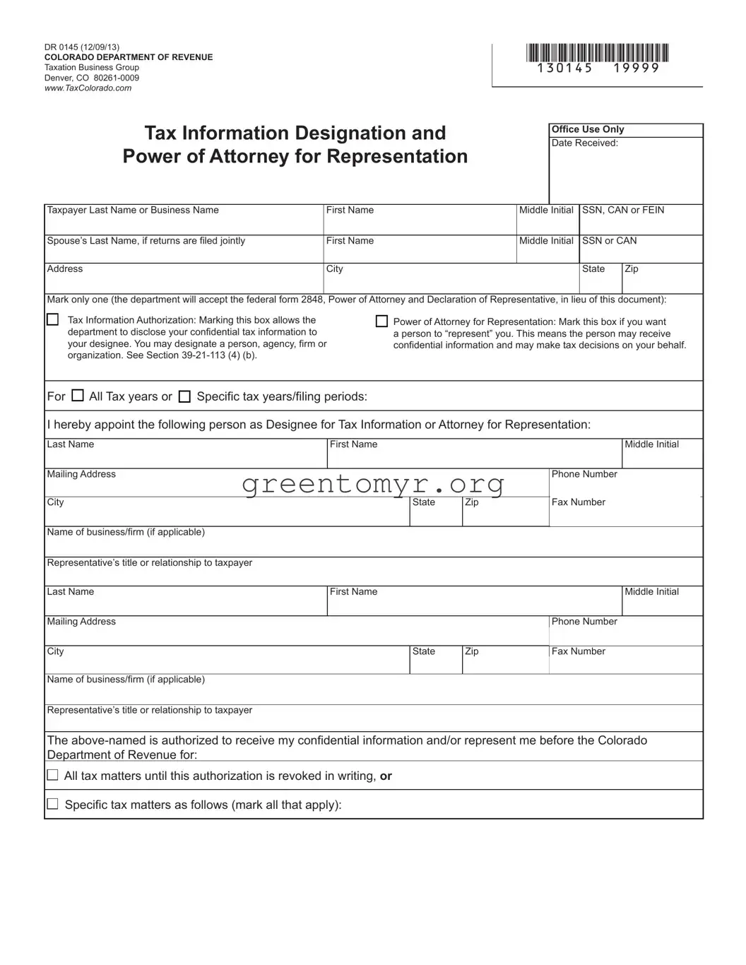 Fill in a Valid Tax POA form dr 0145 Template