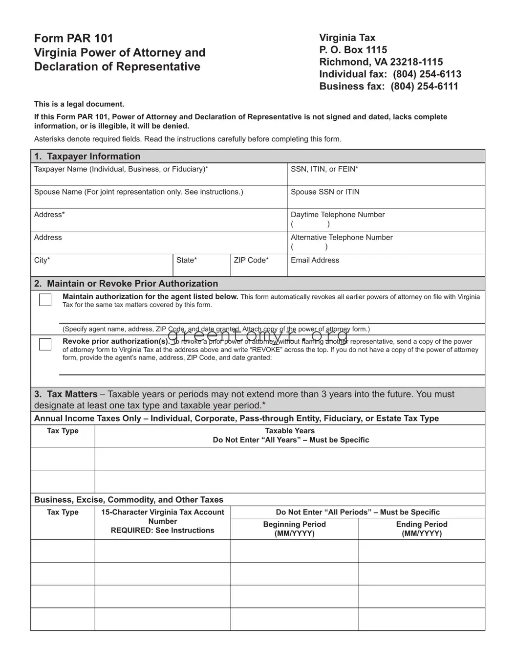 Fill in a Valid Tax POA form par 101 Template