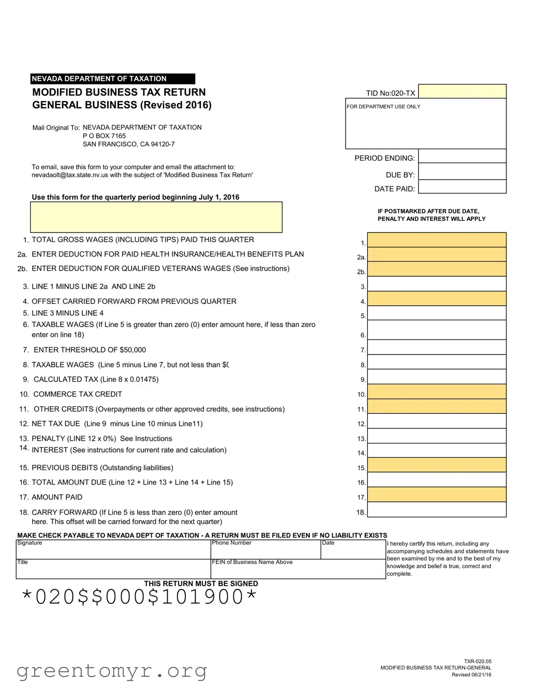 Fill in a Valid Modified Business Tax Template