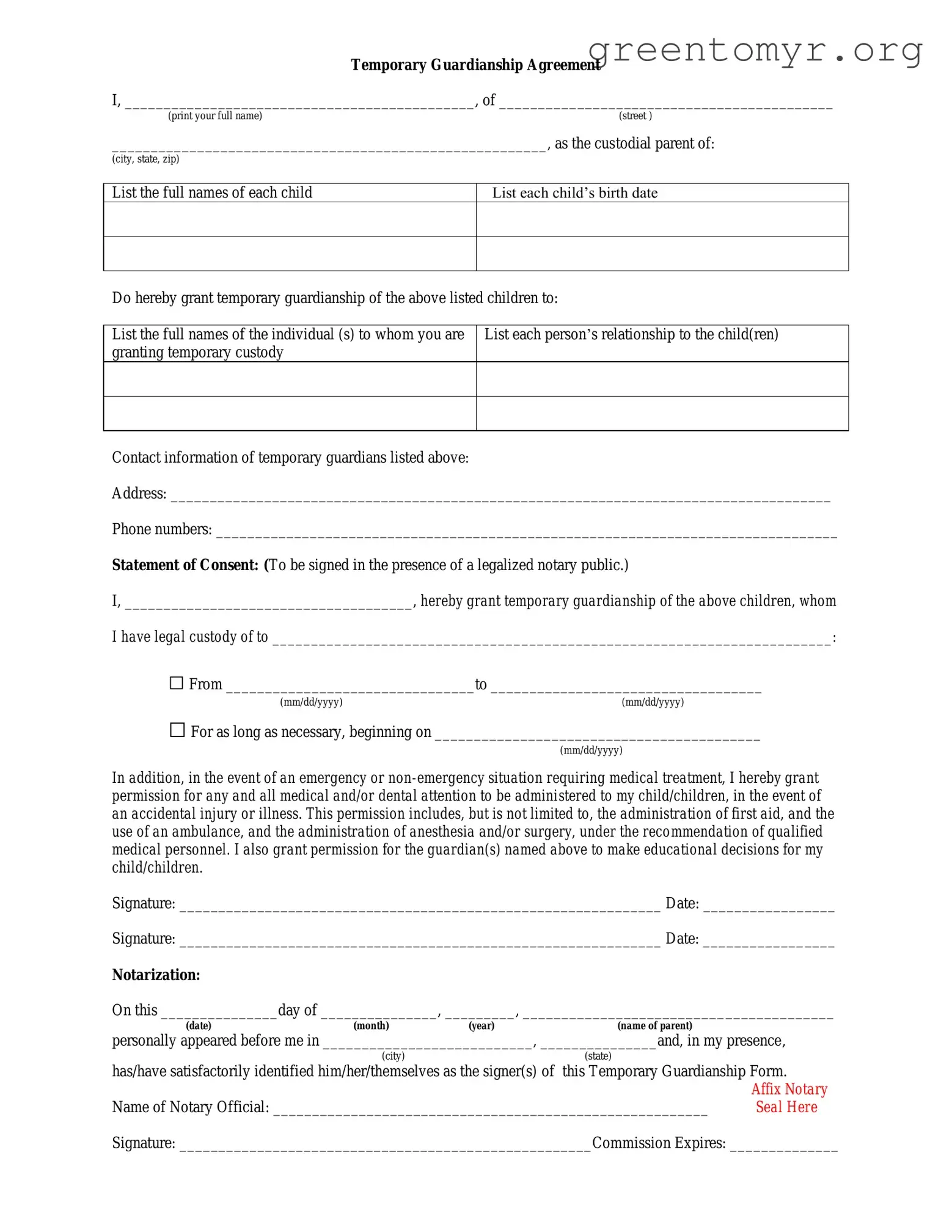 Fill in a Valid Temporary Custody Template