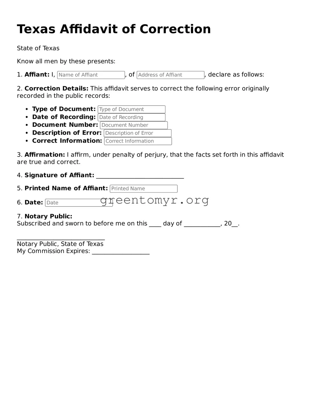 Affidavit of Correction Form for the State of Texas