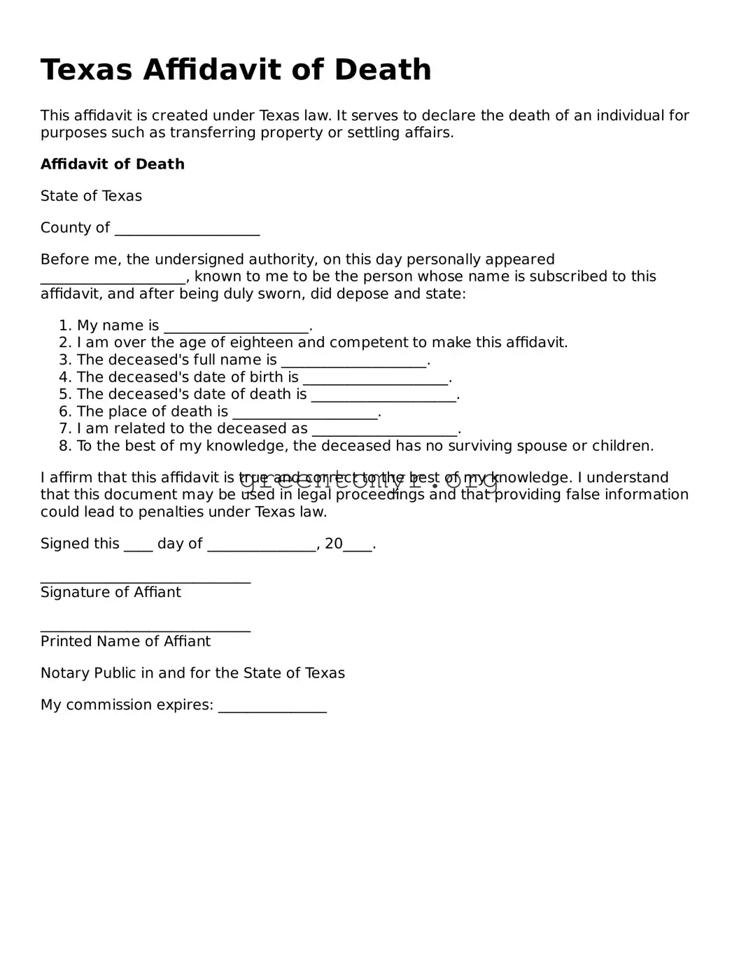 Affidavit of Death Form for the State of Texas