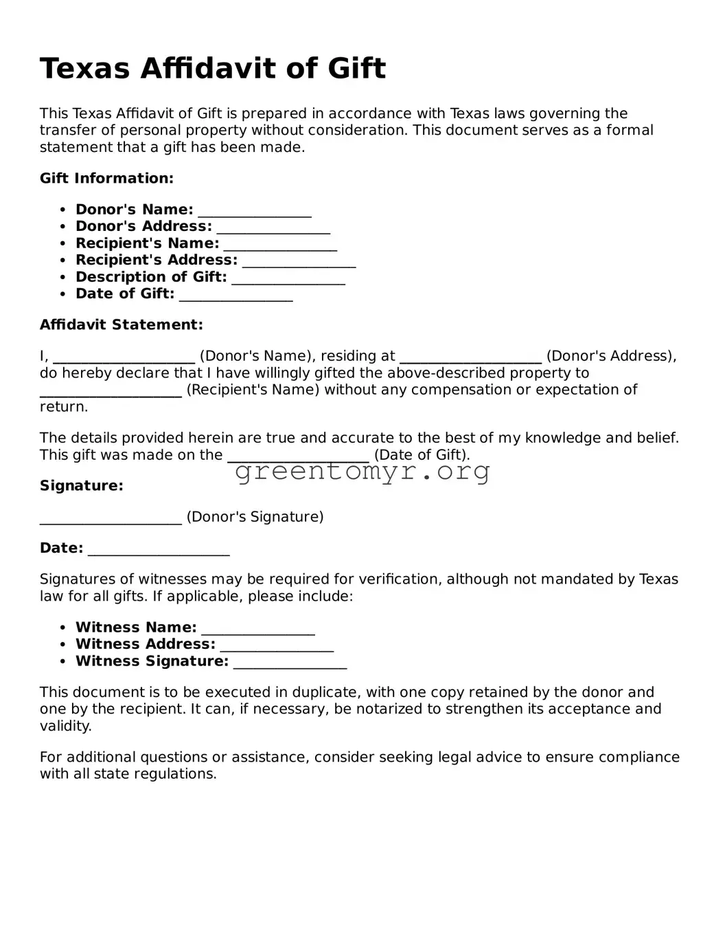 Affidavit of Gift Form for the State of Texas