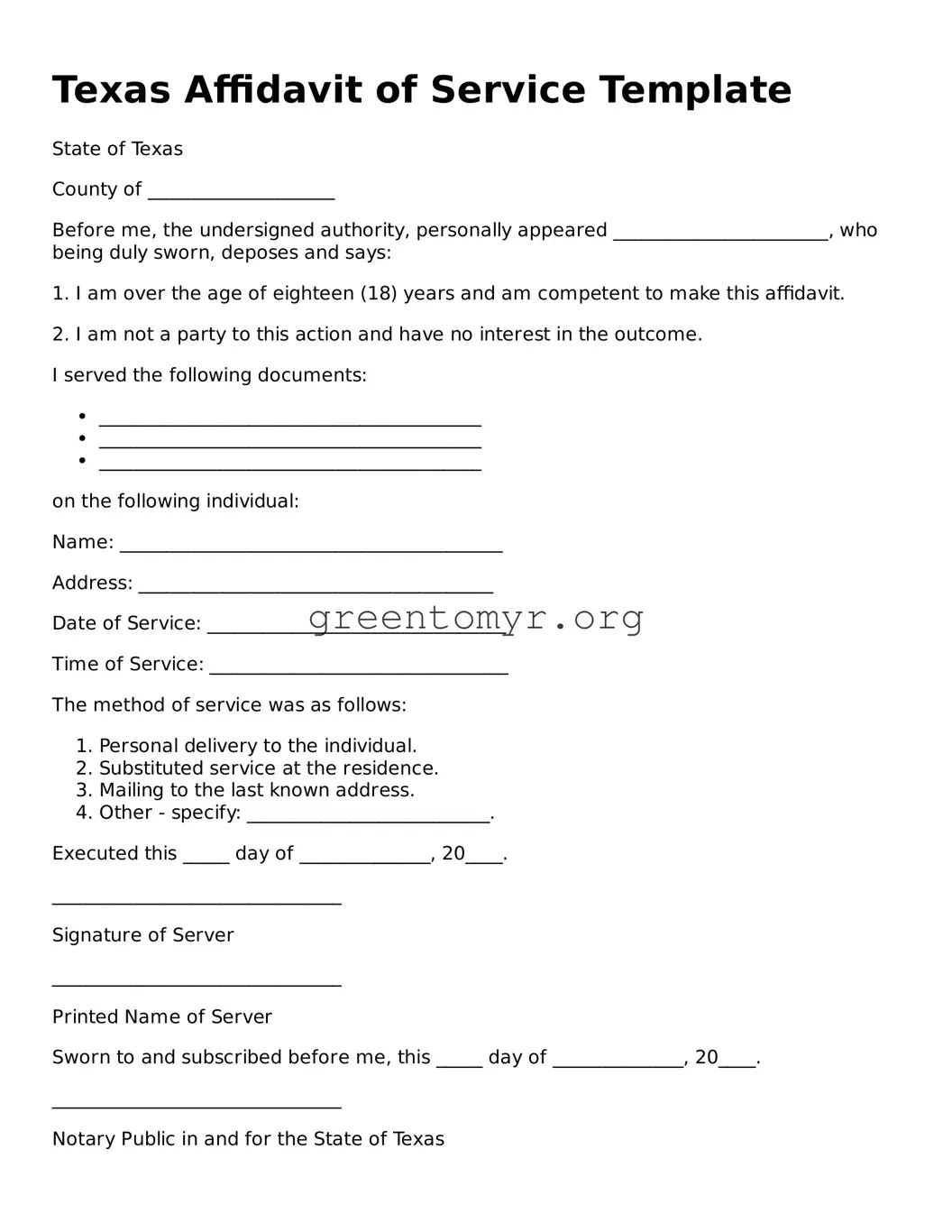 Affidavit of Service Form for the State of Texas