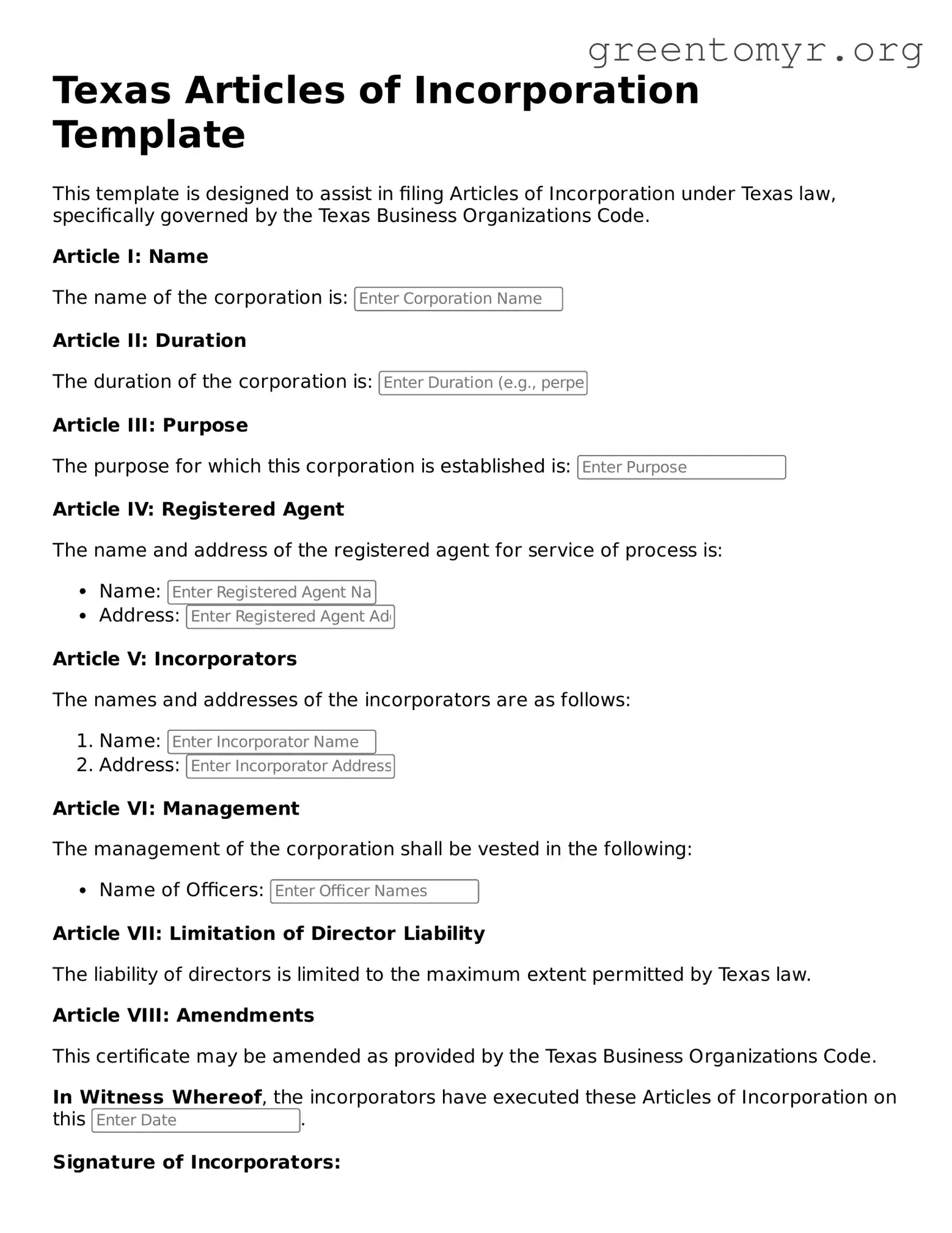 Articles of Incorporation Form for the State of Texas