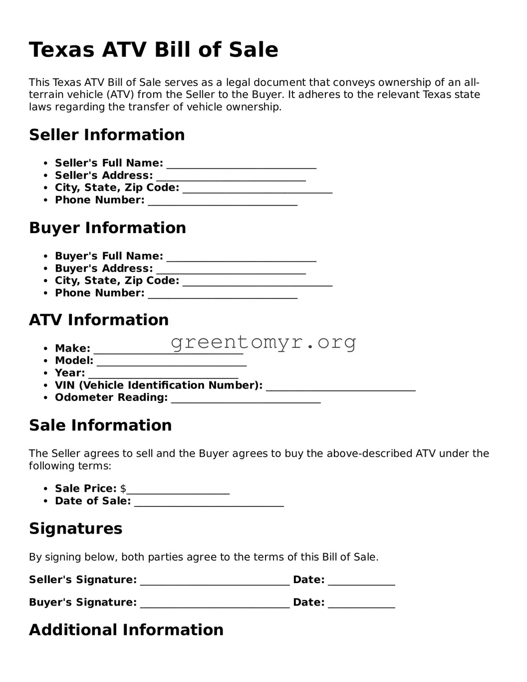 ATV Bill of Sale Form for the State of Texas
