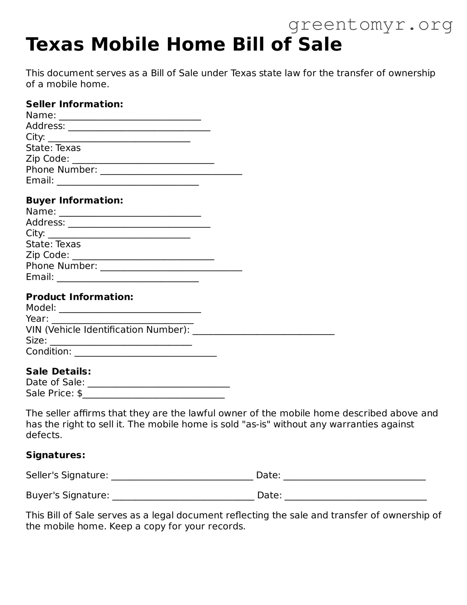 Mobile Home Bill of Sale Form for the State of Texas