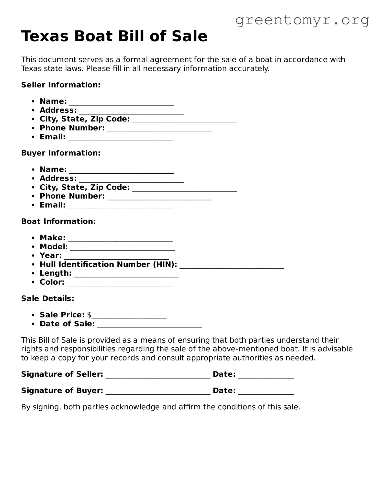 Boat Bill of Sale Form for the State of Texas