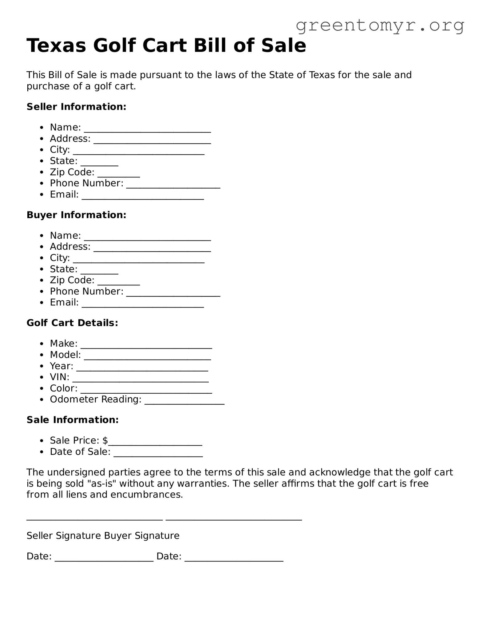 Golf Cart Bill of Sale Form for the State of Texas