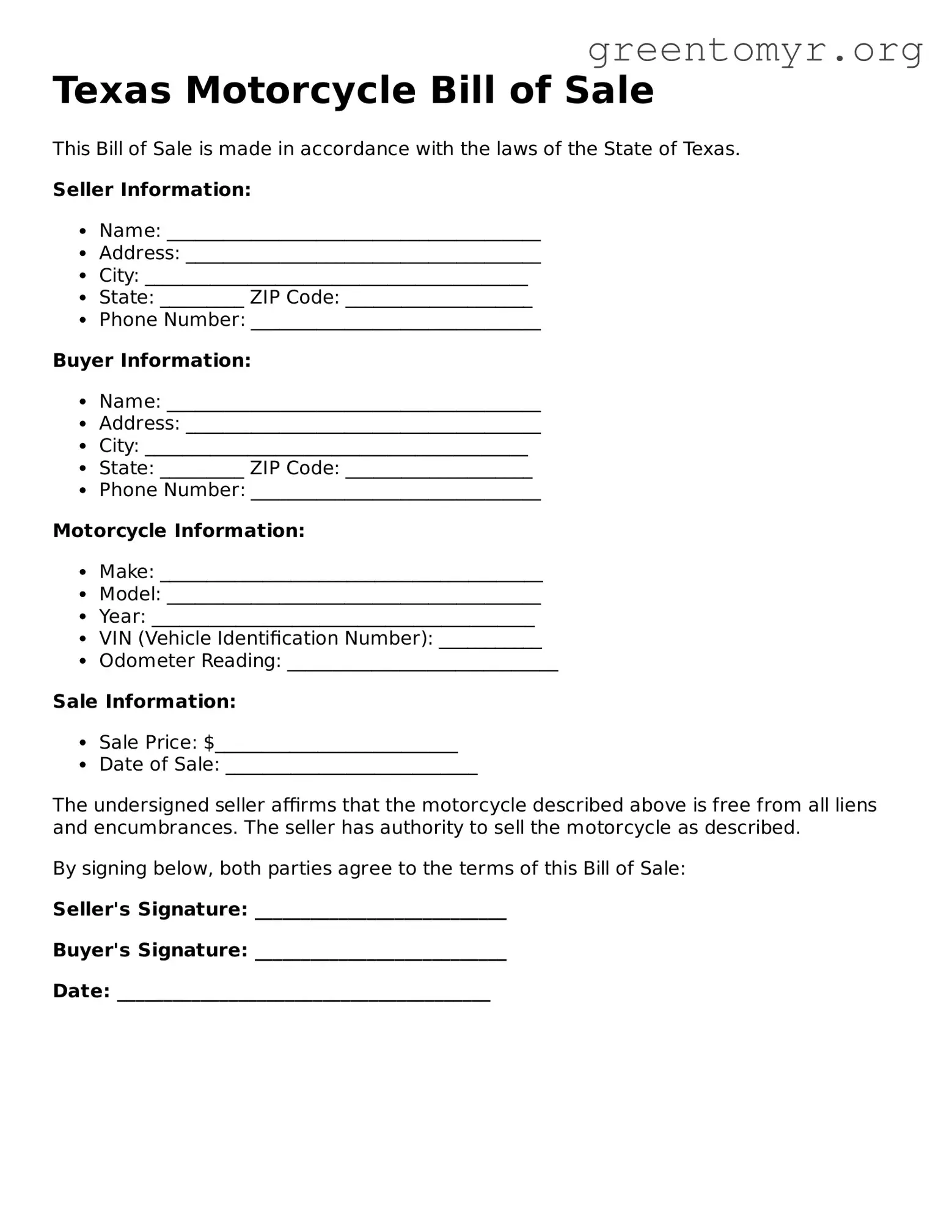 Motorcycle Bill of Sale Form for the State of Texas