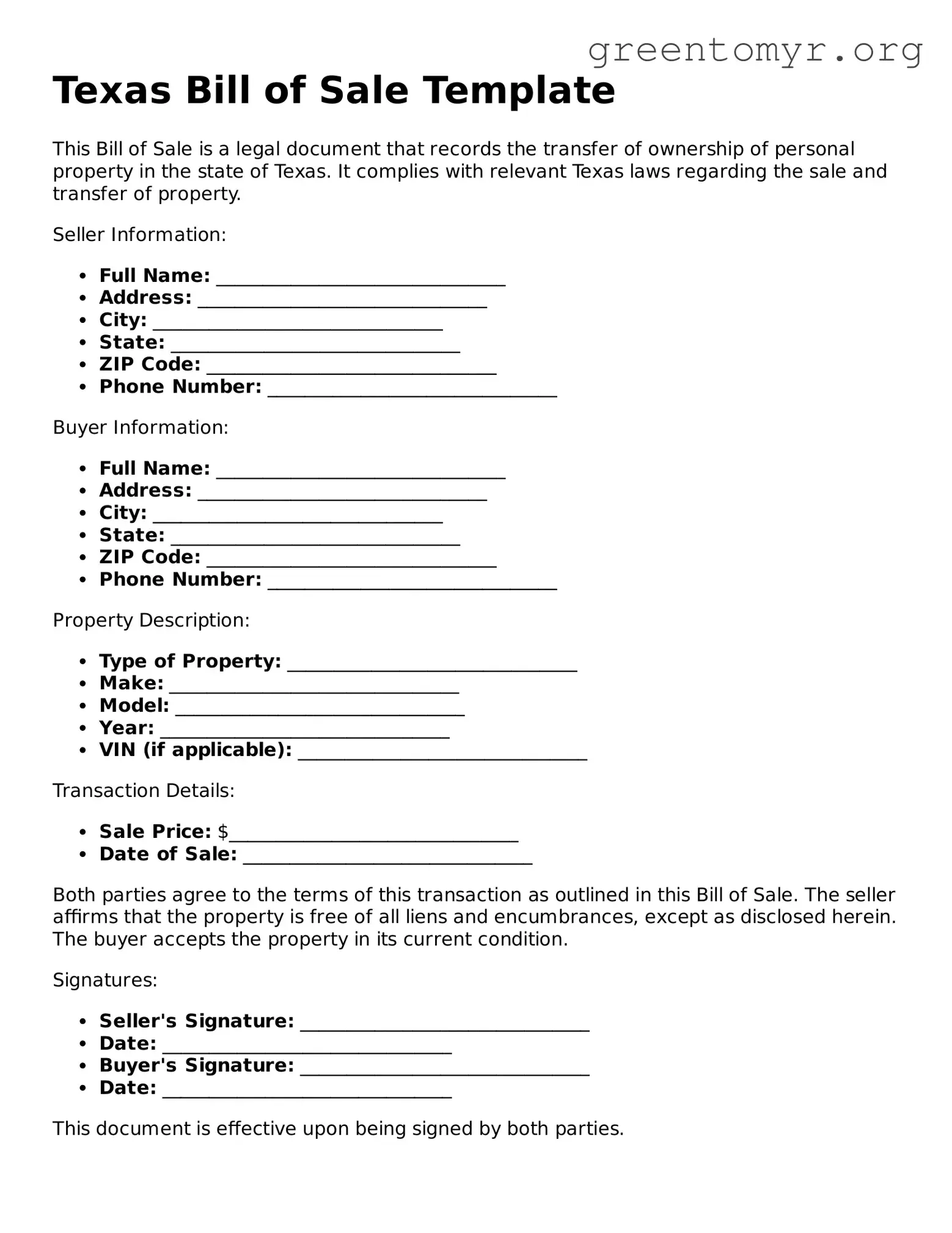 Bill of Sale Form for the State of Texas