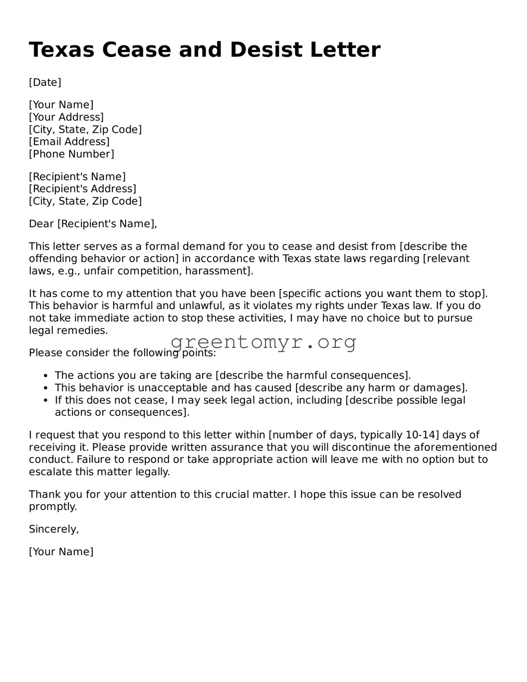 Cease and Desist Letter Form for the State of Texas