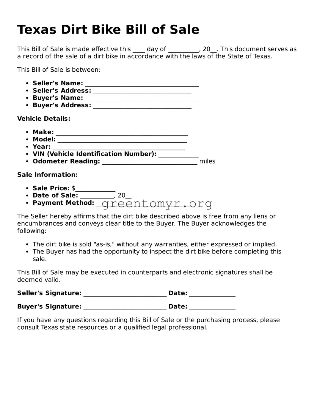 Dirt Bike Bill of Sale Form for the State of Texas