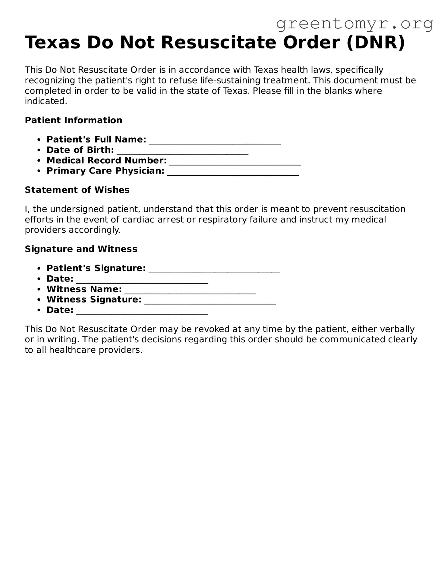 Do Not Resuscitate Order Form for the State of Texas