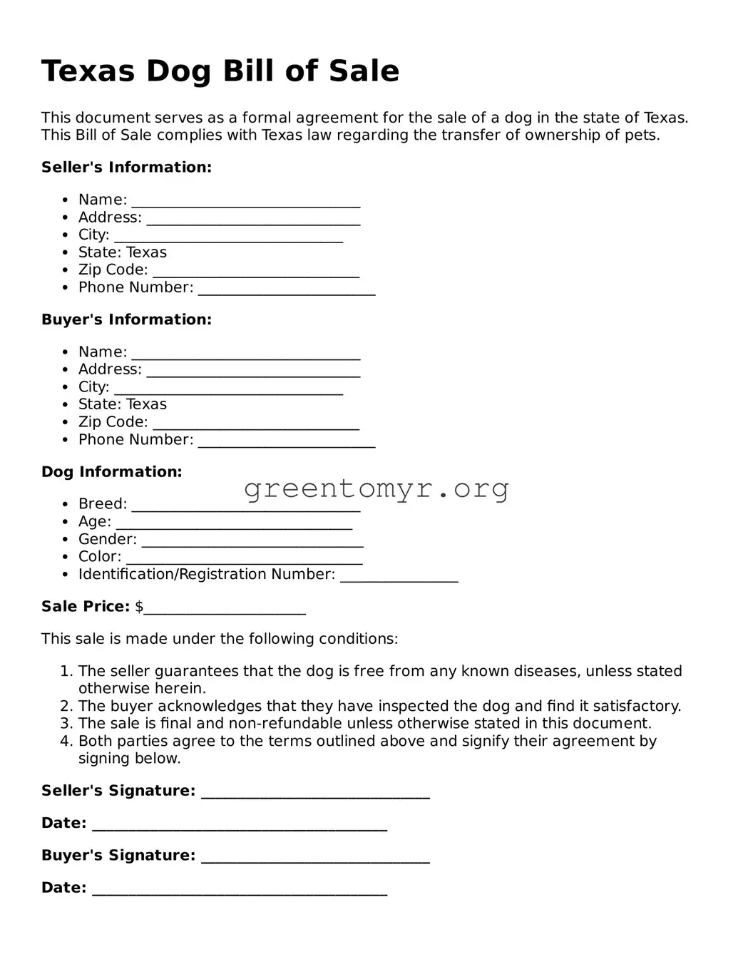 Dog Bill of Sale Form for the State of Texas