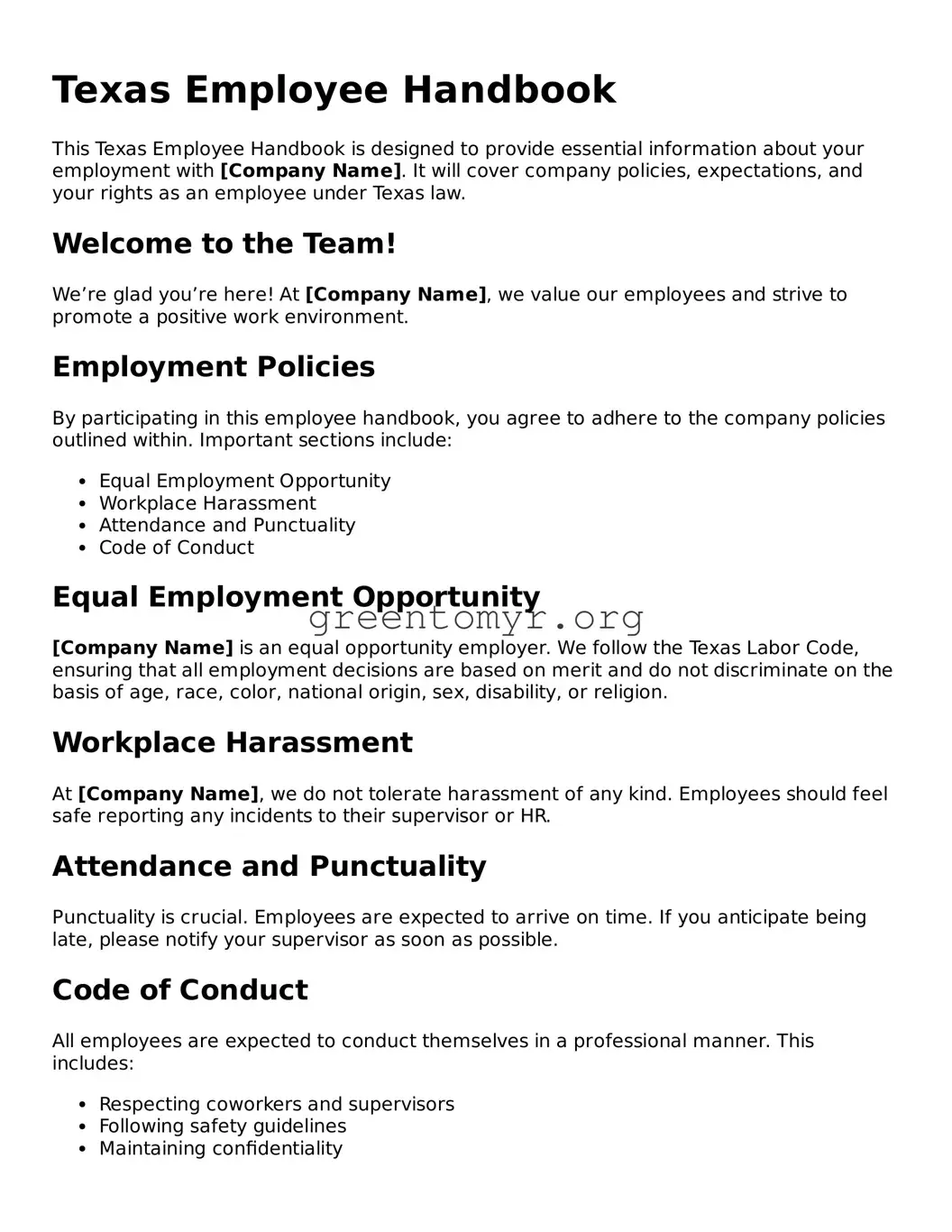 Employee Handbook Form for the State of Texas