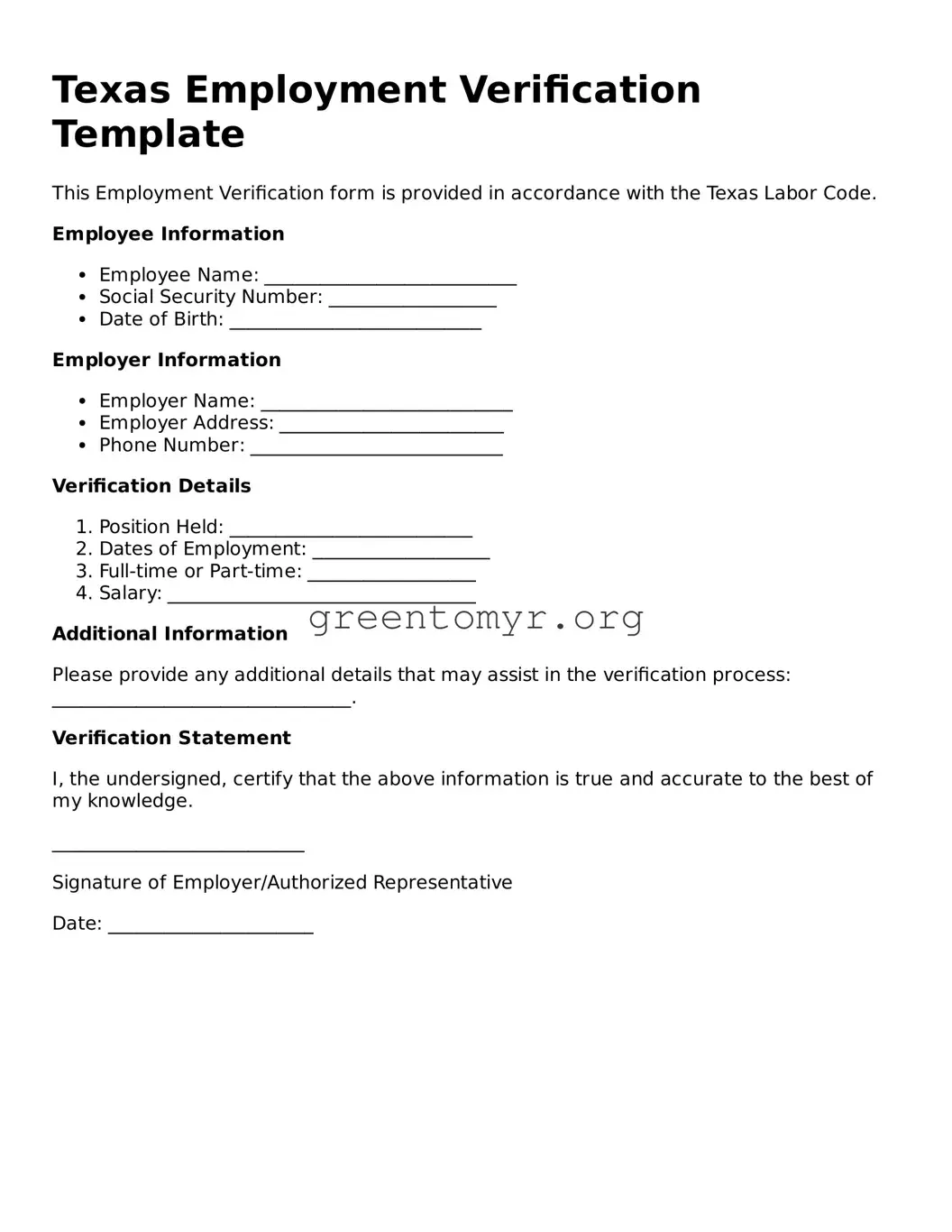Employment Verification Form for the State of Texas