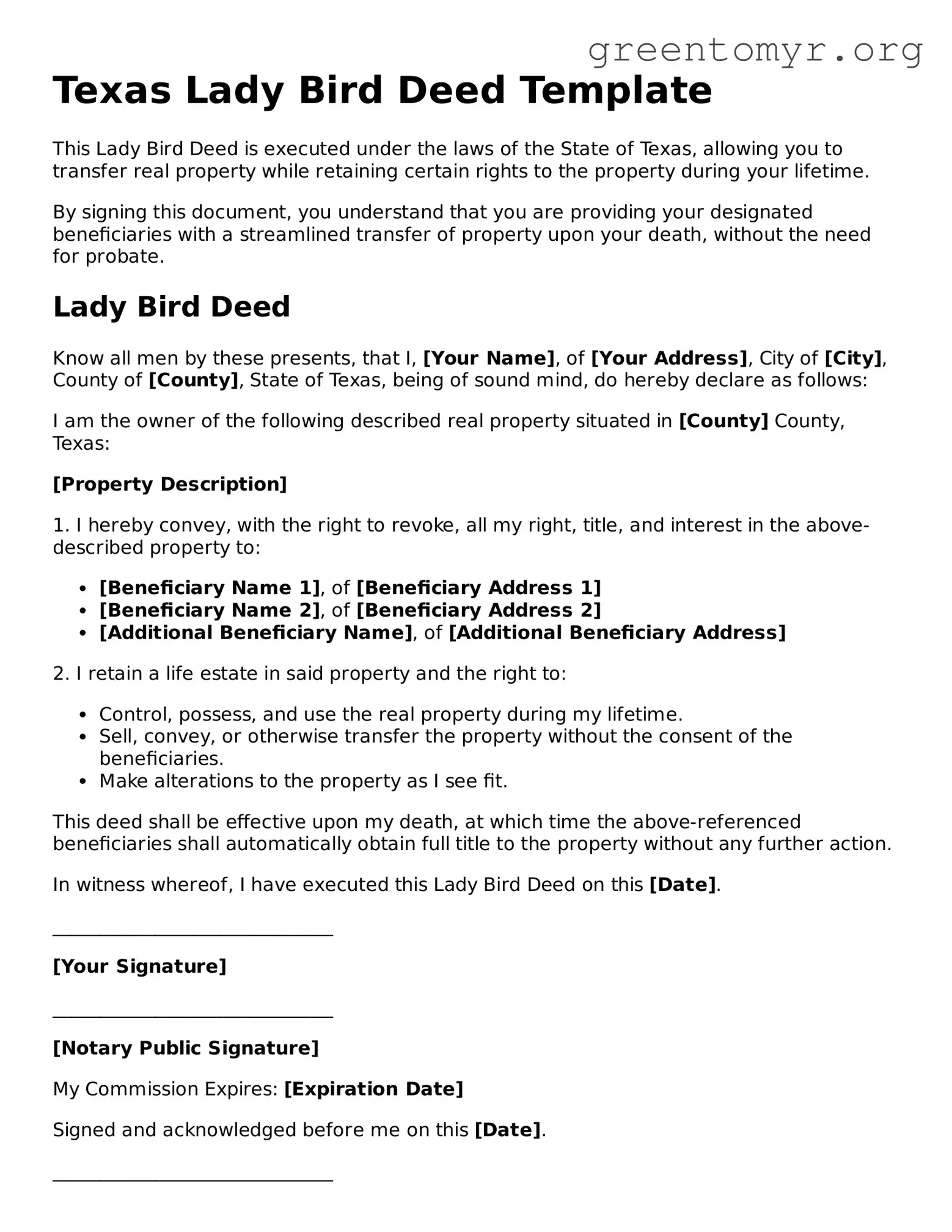 Lady Bird Deed Form for the State of Texas