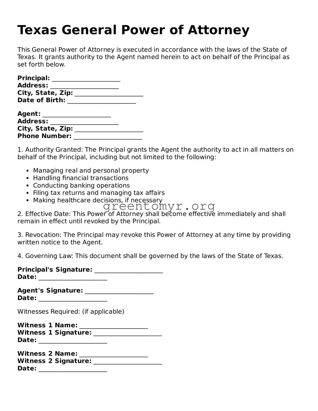 General Power of Attorney Form for the State of Texas