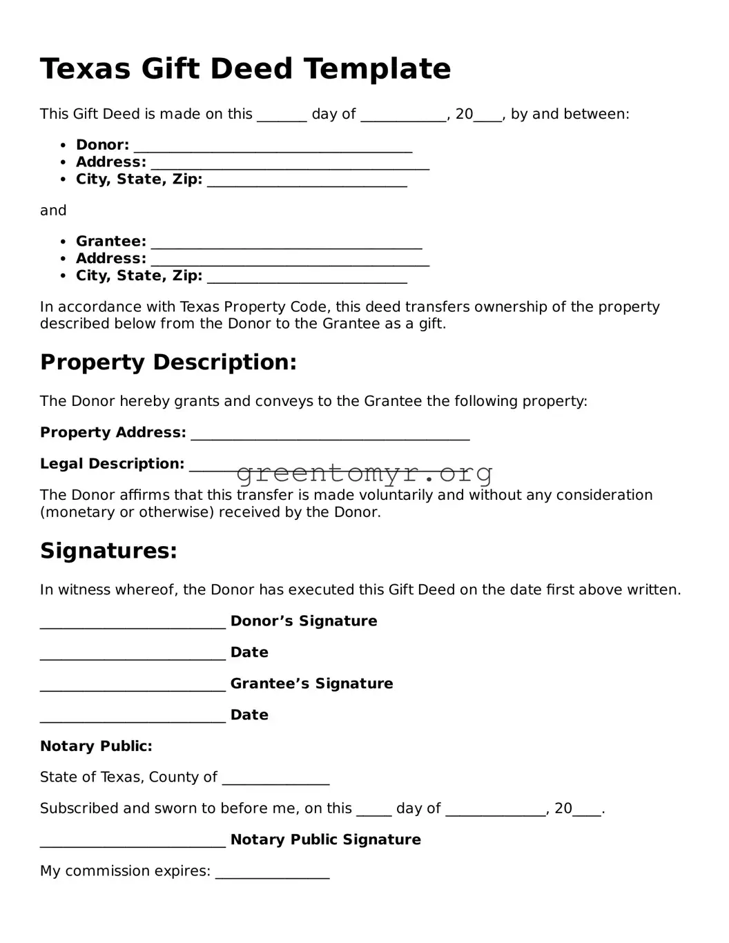 Gift Deed Form for the State of Texas