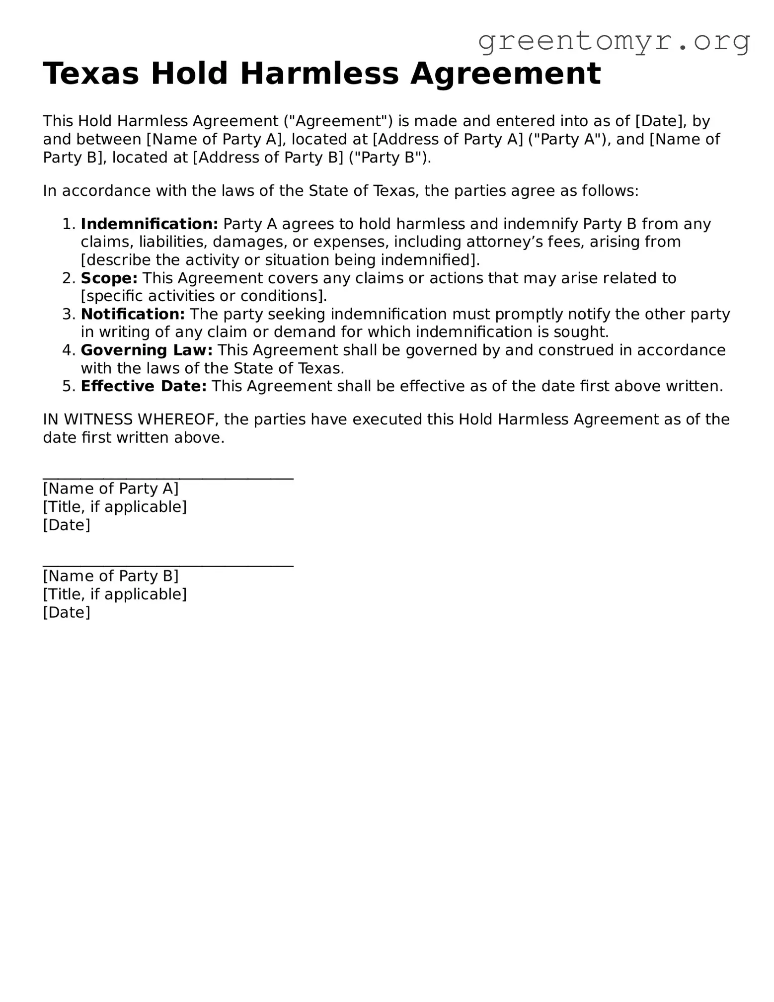 Hold Harmless Agreement Form for the State of Texas