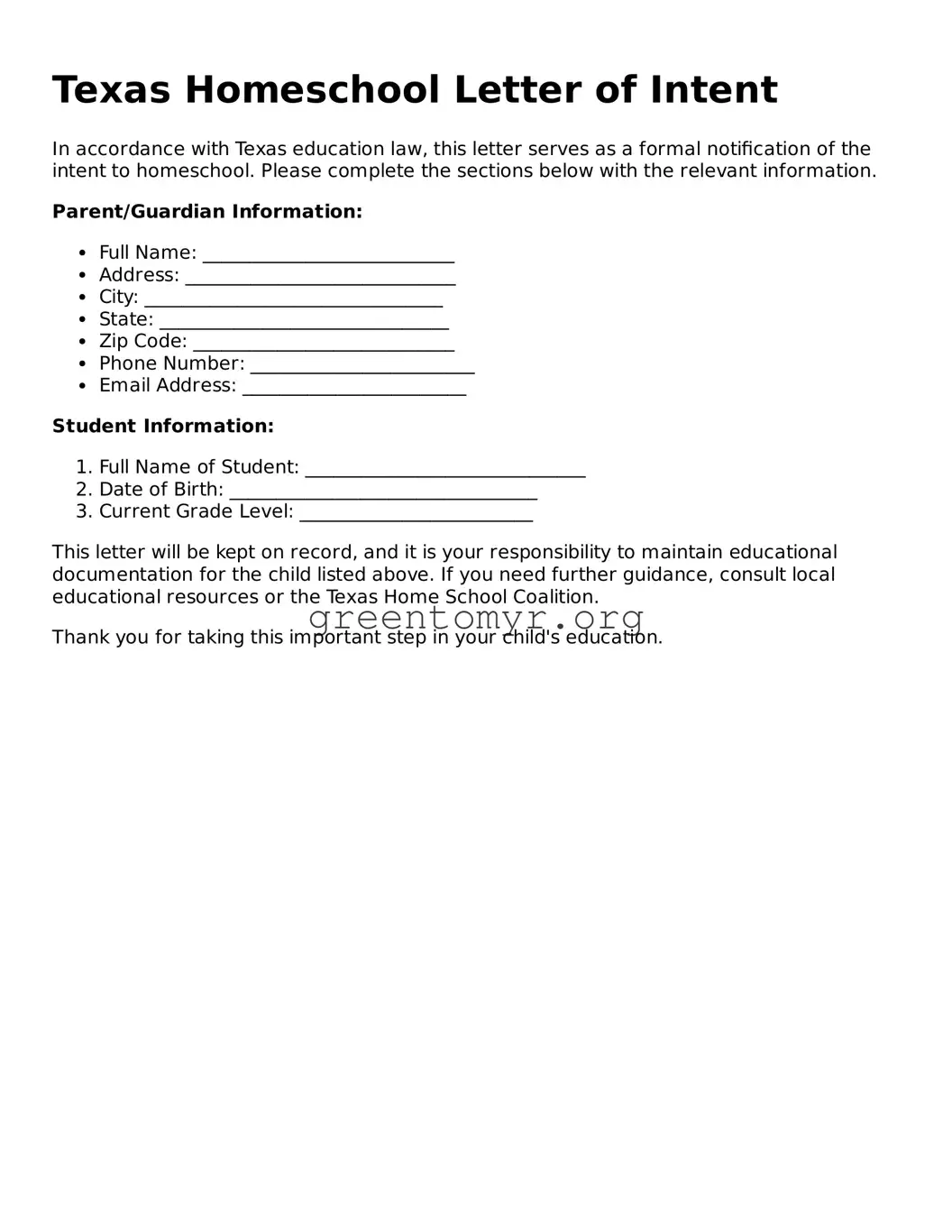 Homeschool Letter of Intent Form for the State of Texas