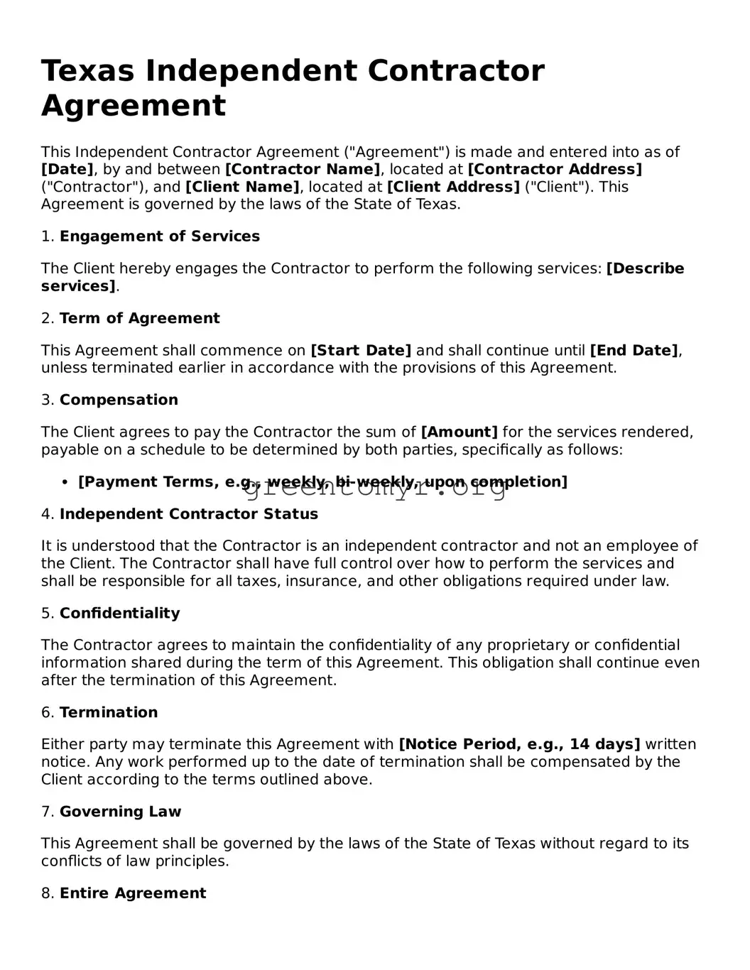 Independent Contractor Agreement Form for the State of Texas