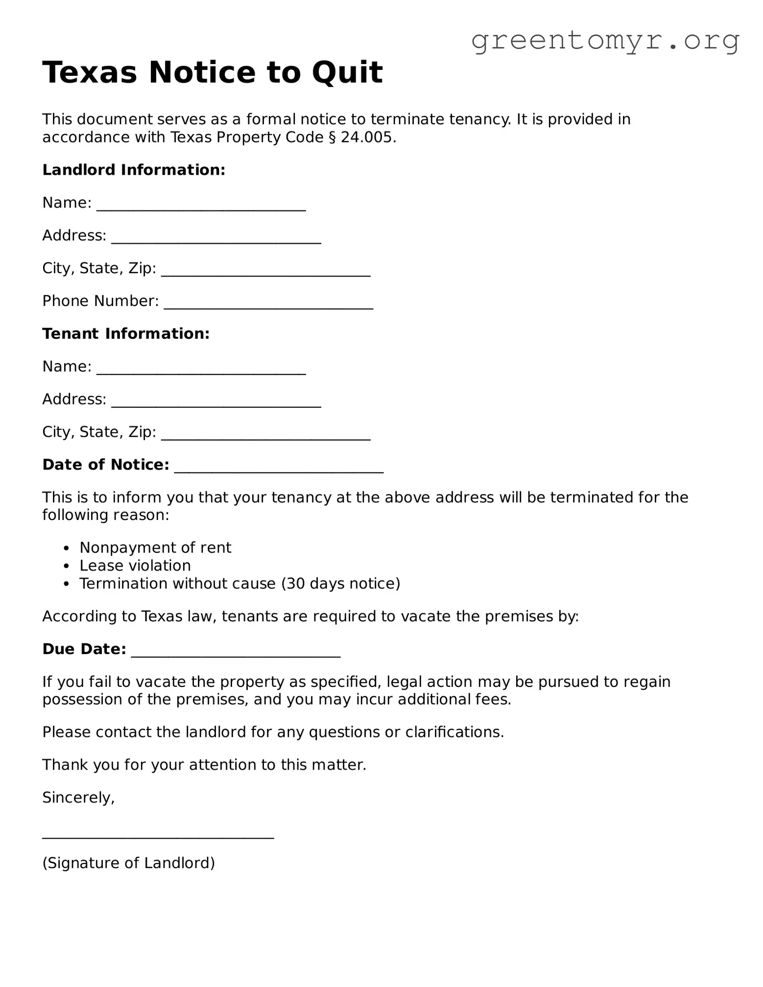 Notice to Quit Form for the State of Texas