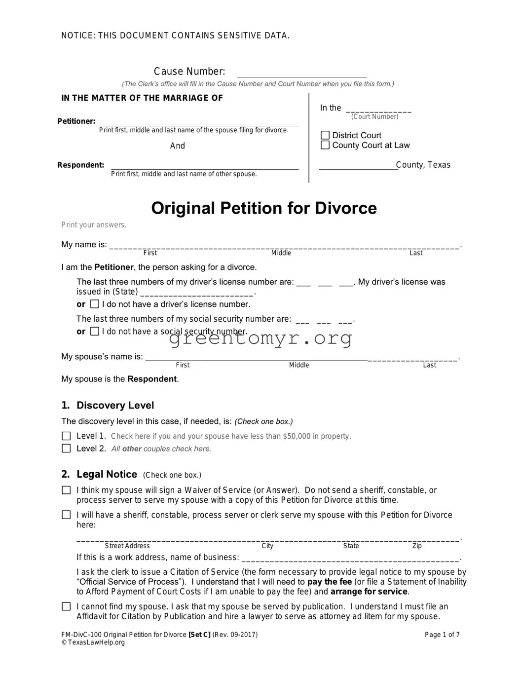 Fill in a Valid Texas Law Help FM-DivC-100 Original Petition for Divorce Set C Template