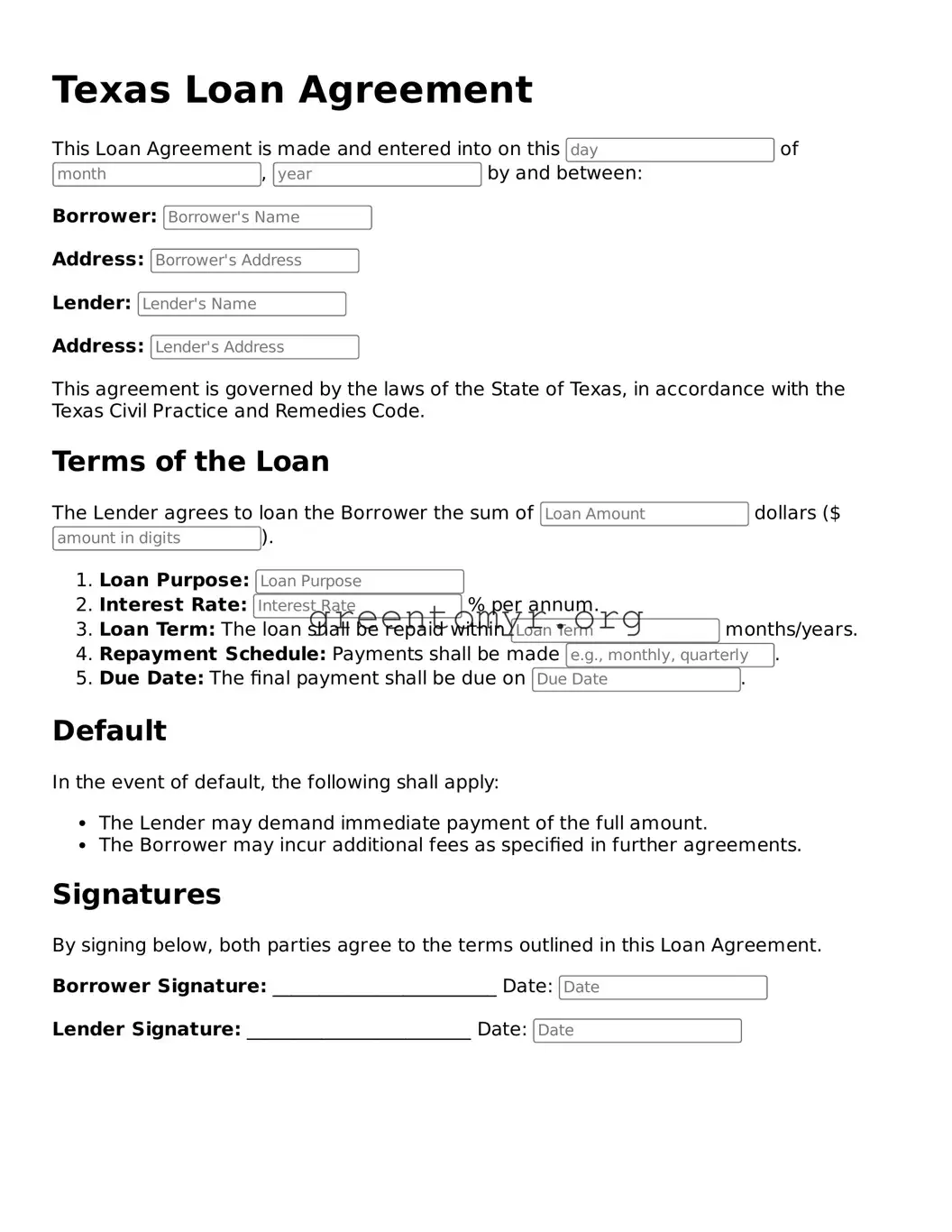 Loan Agreement Form for the State of Texas