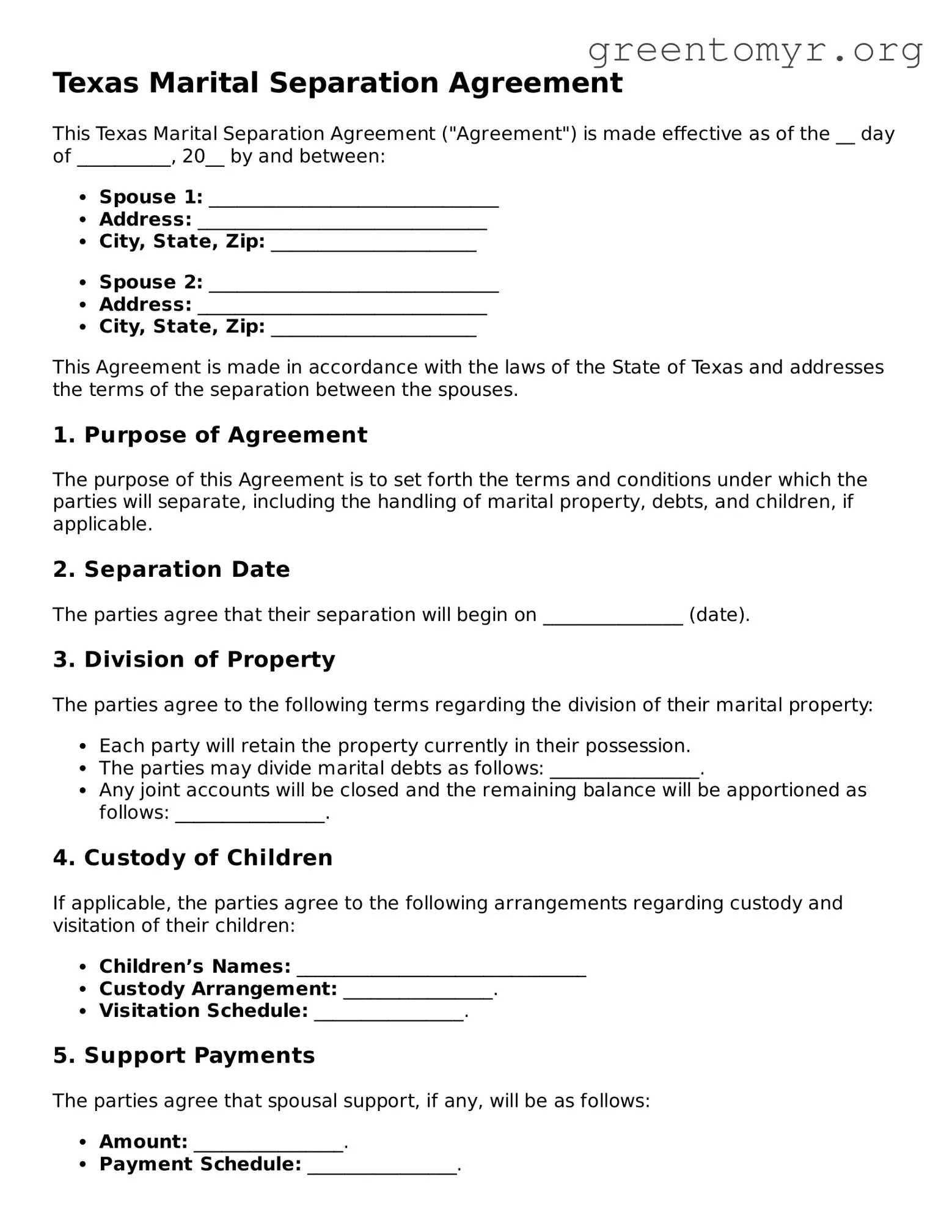 Marital Separation Agreement Form for the State of Texas